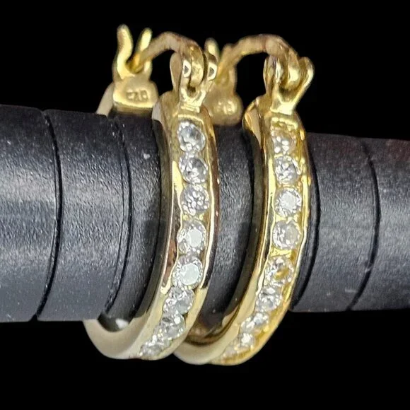 Hoop Earrings Gold Plated Sterling Silver Cubic Zirconia Pierced Round Almost 1